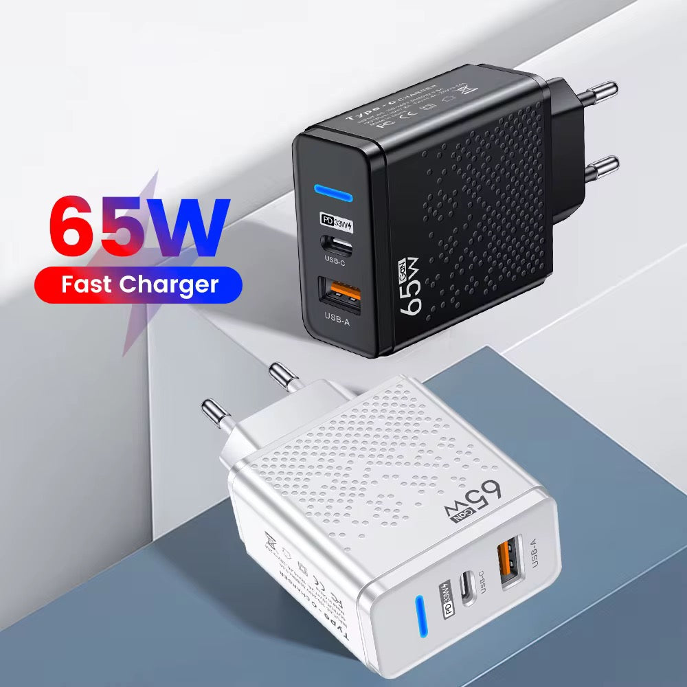 Schnellladegerät 65W USB-C + USB-A iPhone Samsung Xiaomi Macbook